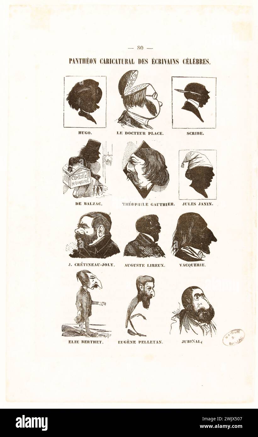 Bertall (Albert d'Arnoux, dit) (1820-1882). „Karikaturales pantheon berühmter Schriftsteller [Portrait de Balzac]“. Balzac, Honoré de (1799-1850). Hugo, Victor (1802-1885). Gautier, Théophile (1811-1872). Janin, Jules (1804-1874). Pelletan, Camille (1813-1884). Scribe, Eugène (1791-1861). Gravur. Nach 1848. Paris, Maison de Balzac. 145717-2 Stockfoto