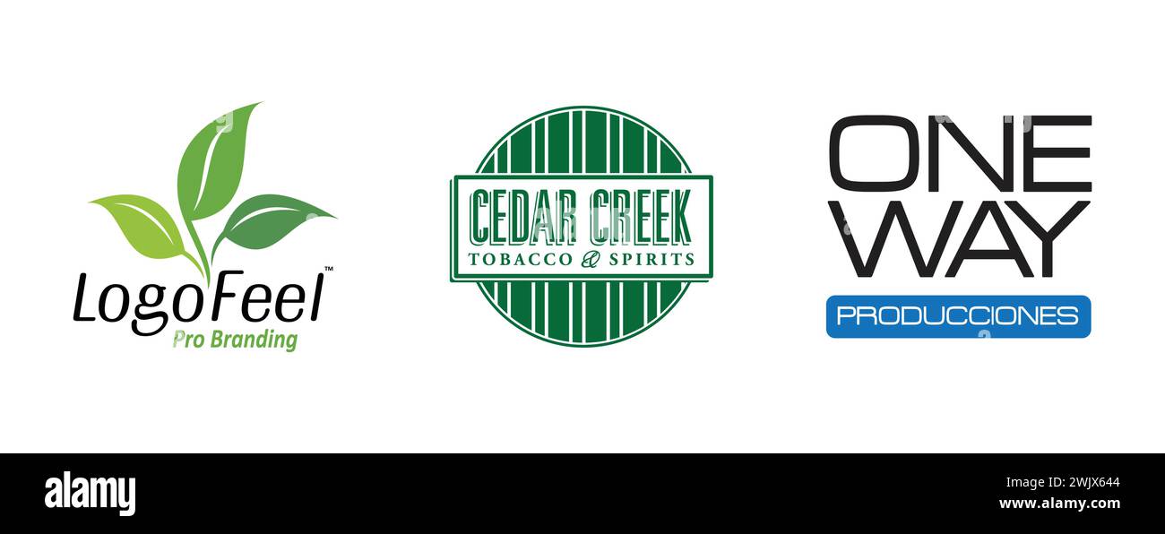 LogoFeel, One Way Producciones, Cedar Creek Tobacco & Spirits. Redaktionelle Logokollektion für Kunst und Design. Stock Vektor