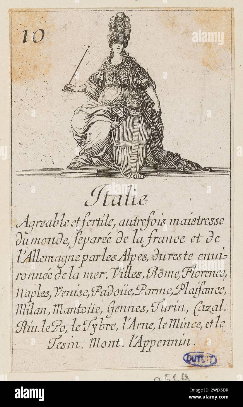 Della Bella, Stefano (dit étienne de la Belle) (* 1610-05-18-D.1664-08-22), Geographiespiel. Italien. 51. Nummer einer Serie von 52 Stück. (A. de Vesme 546; Dutuit 117) (Haupttitel), 1644. Ätzen. Petit Palais, Museum der Schönen Künste der Stadt Paris. Stockfoto