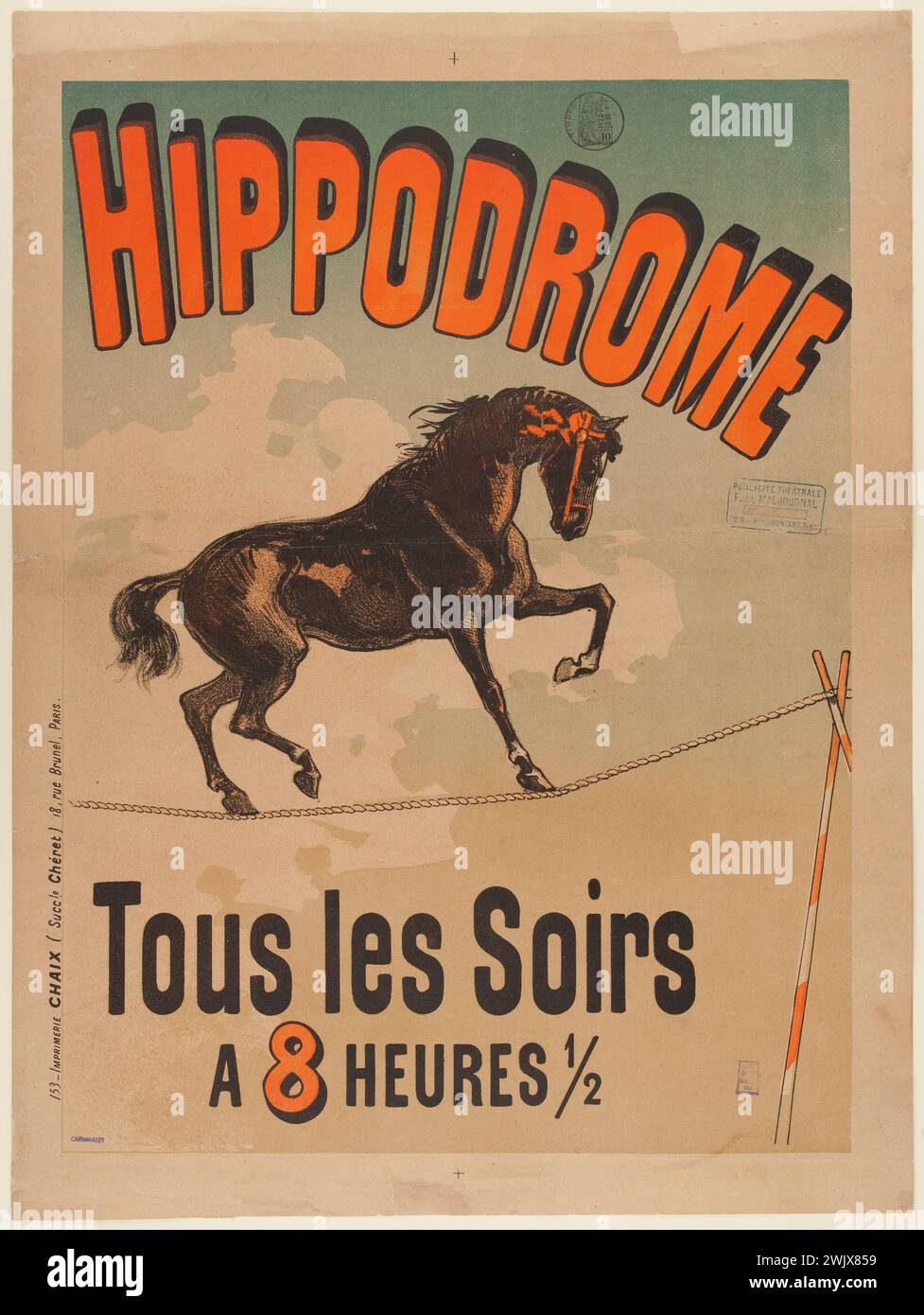 Hippodrom, jeden Abend". Lithographie. 1885. Paris, Museum Carnavalet. 55170-7 Werbeplakat, Pferd, Seiltreiber, Rennstrecke, Lithografie, Zirkusnummer, Werbung Stockfoto