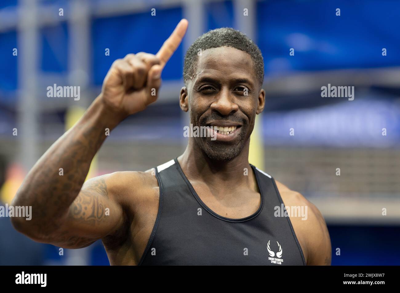 Birmingham, Großbritannien. Februar 2024. Dwain Chambers macht mit 45 Jahren das Halbfinale der 60 Meter langen Männer bei den Microplus UK Athletics Indoor Championships 2024 Day One in der Utilita Arena Birmingham, Credit: Nigel Bramley/Alamy Live News Stockfoto