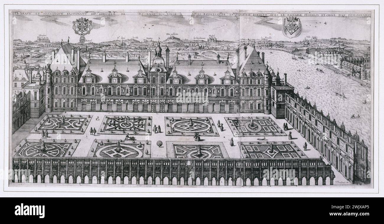 Claude Chastillon (1559-1616). „Das große und prächtige Gebäude des Hôtel de Nevers, das in einem Teil des Ostens mit der nächsten Landschaft dargestellt wird“. Gravur. Paris, Carnavalet Museum. Fassade, Hotel de Nevers, Besonderes Hotel, Garten, prächtiges Boot, Orient, Landschaft, Darstellung, Vieme Life VI 6. 6. 6. Arrondissement, groß Stockfoto