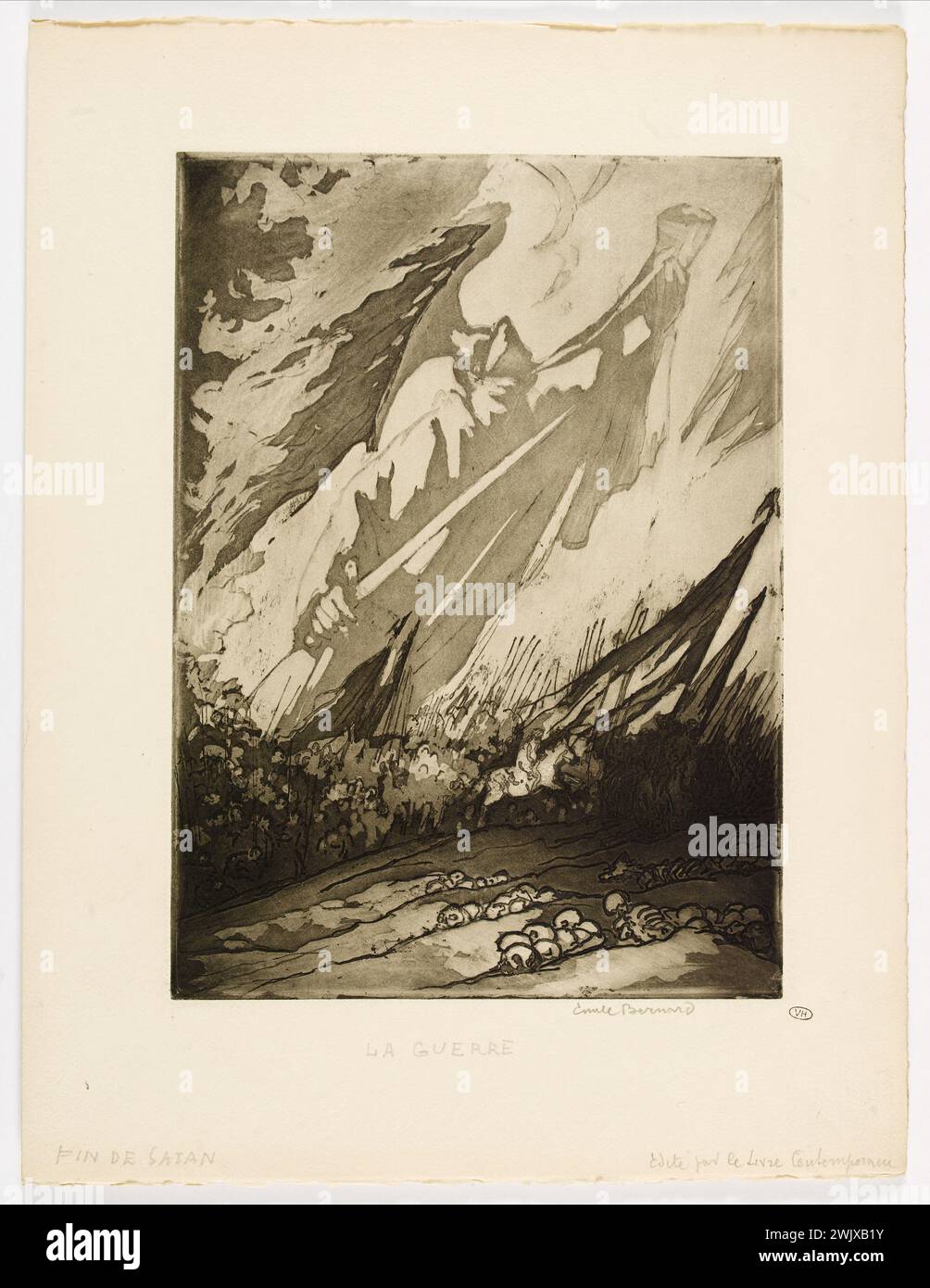 Emile Bernard (1868-1941). Das Ende Satans. Krieg“. Ätzen und Aquatint. 1935. Paris, Haus von Victor Hugo. 101108-6 Annies 1930 30, Aquatinte, Armee, Helm, Schlachtfeld, zeichnen, Ätzen, Beschneiden, Krieg, Illustration, düstere, krankhafte, litherische Arbeit, Knochen, Silhouette, Skelett, Trompe Stockfoto