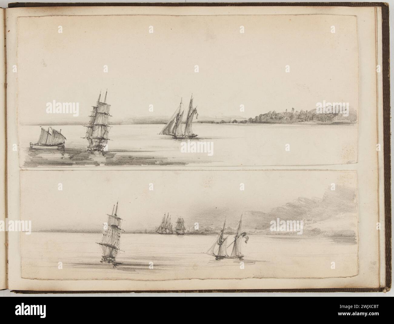 Zeichenbuch. Untersuchung von drei Booten in Küstennähe. Untersuchung von vier Booten in Küstennähe (61. Seite). Graphit-Bleistift. 1844. Paris, Museum des romantischen Lebens. Zeichenalbum, Boot, Zeichenbuch, Dimension, Bleistift, zeichnen, studieren, Navy, cotiere Landschaft, vier, drei Stockfoto