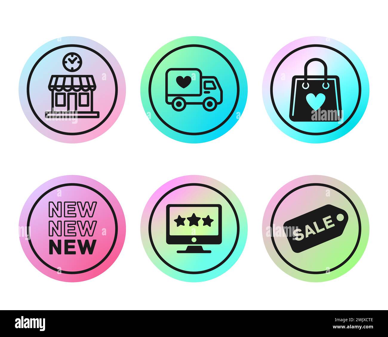 Symbole speichern. Verlaufender Hintergrund. Instagram Social Media Story Icons. Vektorabbildung. Stock Vektor