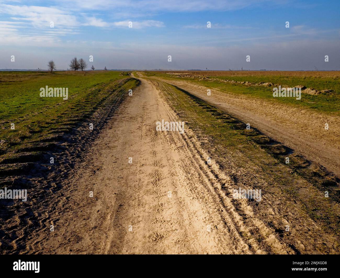 Offene Felder und eine kurvenreiche, unbefestigte Straße werden vor dem Hintergrund des klaren Himmels hervorgehoben. Stockfoto