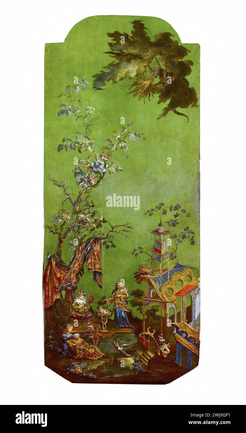 Anonym. „Feuer“. Detail eines Holzwerks aus dem Hôtel du Duc de Richelieu, 21 Place des Vosges. 1. Hälfte des 18. Jahrhunderts. Paris, Carnavalet Museum. 55258-5 Baum, Holzarbeiten, chinesisches Kabinett, traditionelle Tracht, Wasser, Exotic, Fantasy, Frau, Blume, Mann, Hotel Duc Richelieu, Le Marais, Wolke, Nr. 21 Place Vosges, Pagode, Charakter, Bezirk des Sumpfes, Rokoko, Hängen, Vegetation, Feuer Stockfoto