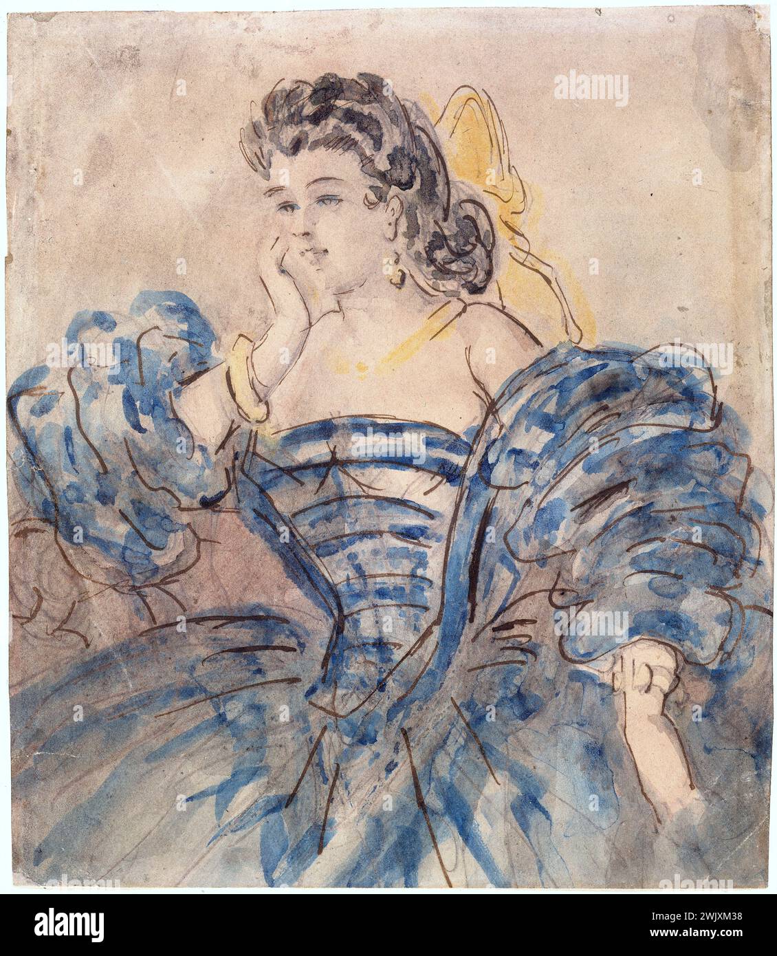 Constantin Guys (1802-1892). „Frau mit Krinoline“ (in Brust, Ausschnitt, blauem Kleid, gelbem Knoten). Aquarell und Feder auf weißem Papier. Museum der Schönen Künste der Stadt Paris, Petit Palais. 39723-12 Decollete, elegant, Frau, gelber Knoten, Papier, weißes Papier, blaues Kleid, Abend, Aquarell, Krinoline, Feder, Kleid Stockfoto