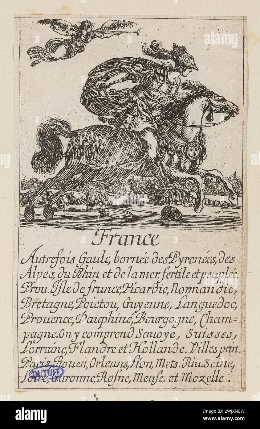 Della Bella, Stefano (dit étienne de la Belle) (* 1610-05-18-D.1664-08-22), Geographiespiel. Frankreich. Fünfte Ausgabe einer Serie von 52 Stück. (A. de Vesme 544; Dutuit 117) (Haupttitel), 1644. Ätzen. Petit Palais, Museum der Schönen Künste der Stadt Paris. Stockfoto