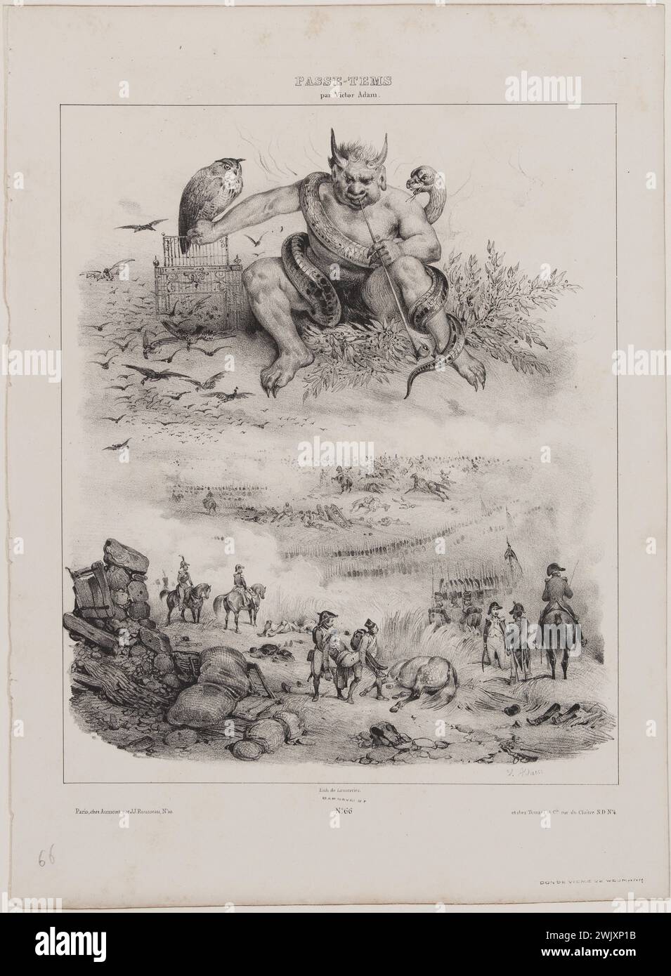 Jean-Victor Adam, bekannt als Victor Adam (1801–1866), französischer Maler und Lithograph. Album „Pass-temps“ (S.66). Lithographie, 19. Jahrhundert. Paris, Carnavalet Museum. 78051-16 Album Passe-Temps, Arm, Bataille, Wamble, Cage, Kavalier, Eule, Zeichnung, Teufel, Rauchen, Krieg, Hibou, Illustration, Lithografie, Porter, Pfeife, Soldat, Schlange, Wasser, XIX. XIX. 19. 19. Jahrhundert, Szene Stockfoto