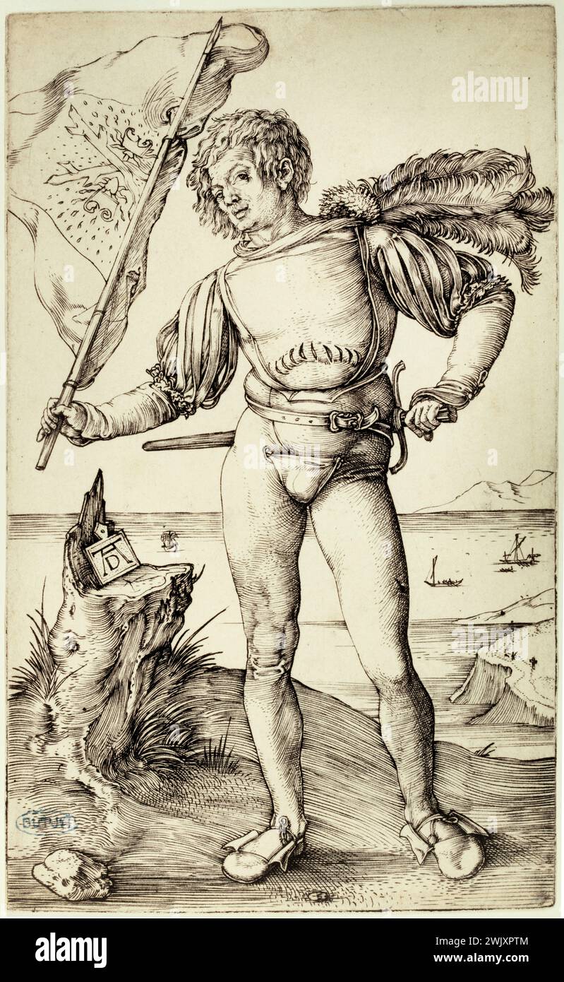 Albrecht Dürer (1471-1528). Die Marke (Bartch 87). 1502-1503. Museum der Schönen Künste der Stadt Paris, Petit Palais. 77215-6 Flagge, Marke, Mann, Standardträger, Wiedergeburt, 16. 16. 16. 16. 16. 16. 16. 16 16. Jahrhundert, Stich Stockfoto