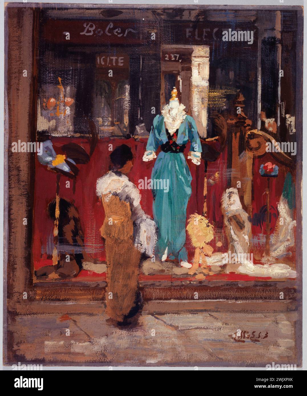 Eugène-Louis Gillot (1868-1925). „Start eines Modegeschäfts“. Paris, Carnavalet Museum. 72042-9 Zubehör, Shop, Storefront, Frau, Mode, schau, Kleidung, Fenster, Kleid Stockfoto