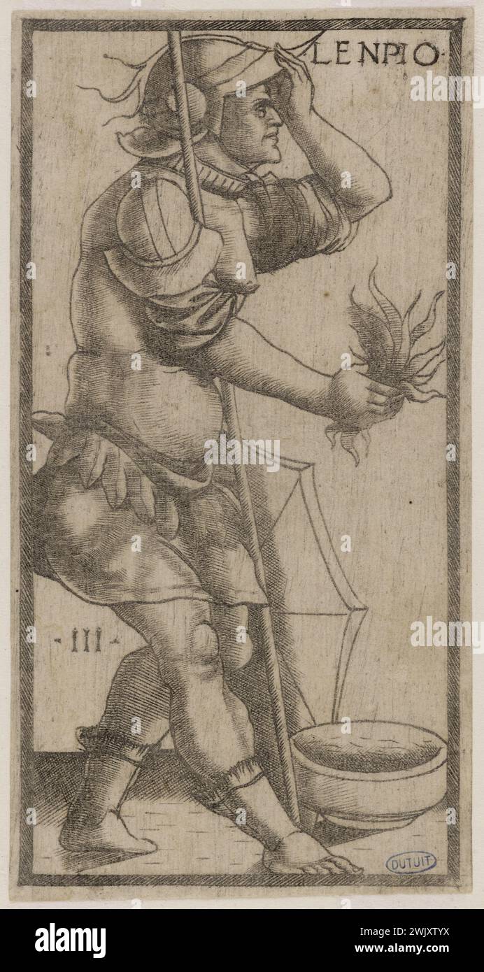Nicola di Maestro Antonio d'Ancona (1472-1510). "Tarotkarte" Sola-Busca, Lenpio. (Passavant 3, Band 2, Seite 129)“. Meißel. 1491-1525. Museum der Schönen Künste der Stadt Paris, Petit Palais. 123053-10 Meißel, Kartenspiel, Tarot, 16. 16. 16. 16. 16. 16. 16. 16. JAHRHUNDERT Stockfoto