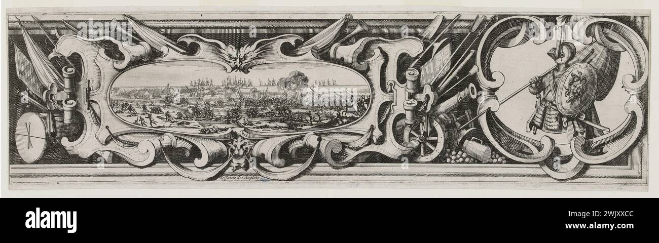 Jacques Callot (1592-1635). "Hauptquartier der Zitadelle von Saint Martin in der Ile de Ré", dritte Grenze von unten, rechts. „Niederlage der Engländer“, sechster von zehn Blättern (Bond 659, Meaume 528). Ätzen. 1629-1630. Museum der Schönen Künste der Stadt Paris, Petit Palais. 99597-23 englische Armee, britische Armee, Christentum, politischer Konflikt, religiöser Konflikt, 30 Jahre Krieg, Kampf, Protestantismus, Hugenottenaufstand, Belagerung von Saint-Martin-de-Re, XVII. 17. 17. 17. 17. 17. 17. 17. 17 Stockfoto