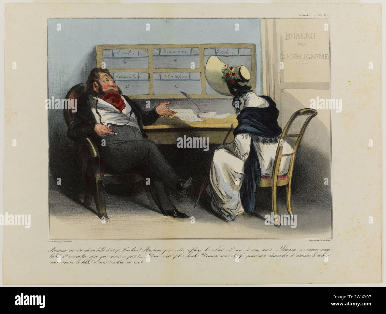 Honoré Daumier (1808-1879). Sir, ich wurde von einem 100-F-Ticket gestohlen. Farbige und gelöschte Lithographie. 1836-1838. Paris, Balzac Haus. 56110-7 100 Francs, Ticket, Informationsbüro, Arbeitgeber, Frau, Gommee, Lithographie farbig, Charakter, Beschwerde, Flug Stockfoto