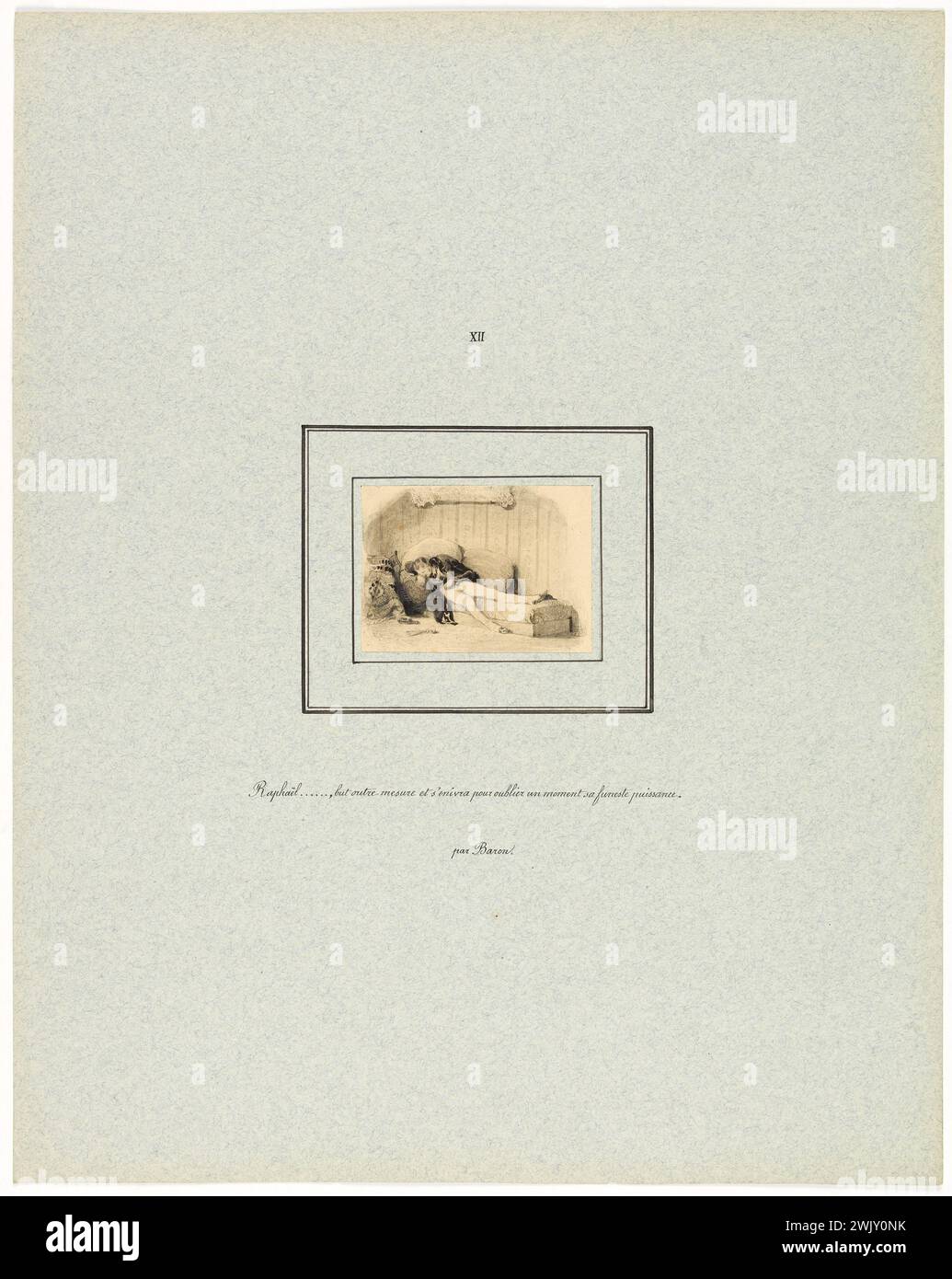 Henri-Charles Baron (1816-1885). Die Haut der Trauer für die Delloye- und Lecou-Ausgabe (1838). "Raphaël ..., Ziel jenseits des Maßes und wird betrunken ...". Illustration der "La Comédie Humaire d'Honoré de Balzac" (1799-1850). Führe Mine-Zeichnungen und verstöre die Farbe selbst. 1838. Paris, Maison de Balzac. 101565-16 Zeichnung, 19. XIX. 19. 19. 19. 19. 19. 19. 19. Mitte Stockfoto
