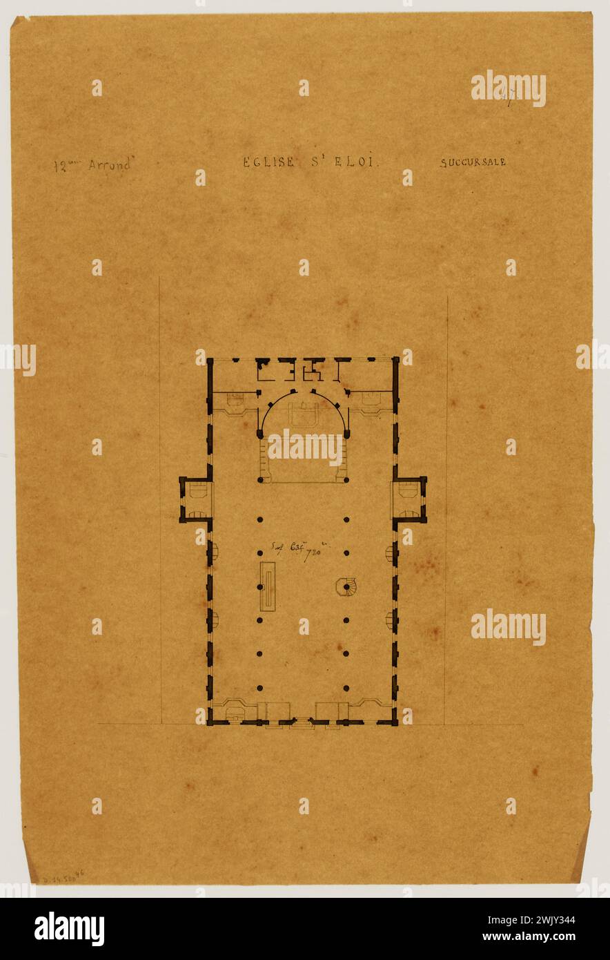 Lèbe-Sigun, Plan der Kirche Saint-Eloi. (Dummy-Titel), 1861. Plume, schwarze Tinte und schwarze Waschung auf Schichtpapier. Carnavalet Museum, Geschichte von Paris. Stockfoto