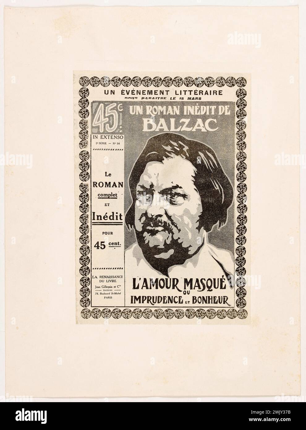 Cover-Modell für einen beispiellosen Roman von Balzac: Maskierte oder rücksichtslose Liebe und Glück. Balzac, Honoré de (1799-1850). Fotomechanische Reproduktion. Paris, Balzac Haus. 145719-19 Stockfoto