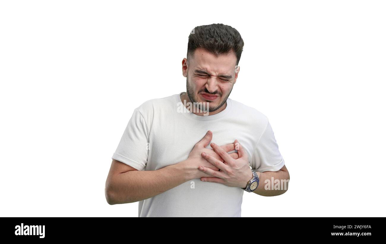 Ein Mann, Nahaufnahme, auf weißem Hintergrund, müde Stockfoto