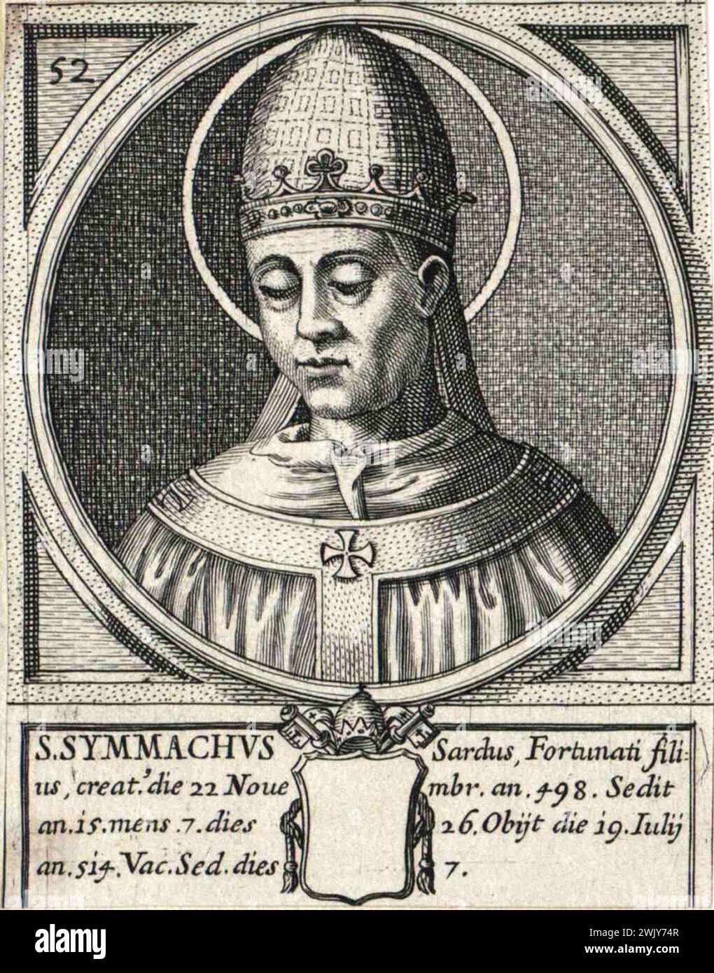 Ein Kupferstich des Papstes Symmachus aus dem 16. Jahrhundert, der von 498 bis 514 Jahre alt war. Er war der 51. Papst. Stockfoto