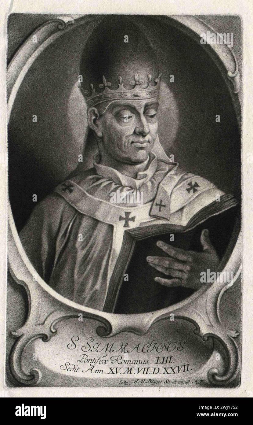 Ein Kupferstich des Papstes Symmachus aus dem 16. Jahrhundert, der von 498 bis 514 Jahre alt war. Er war der 51. Papst. Stockfoto