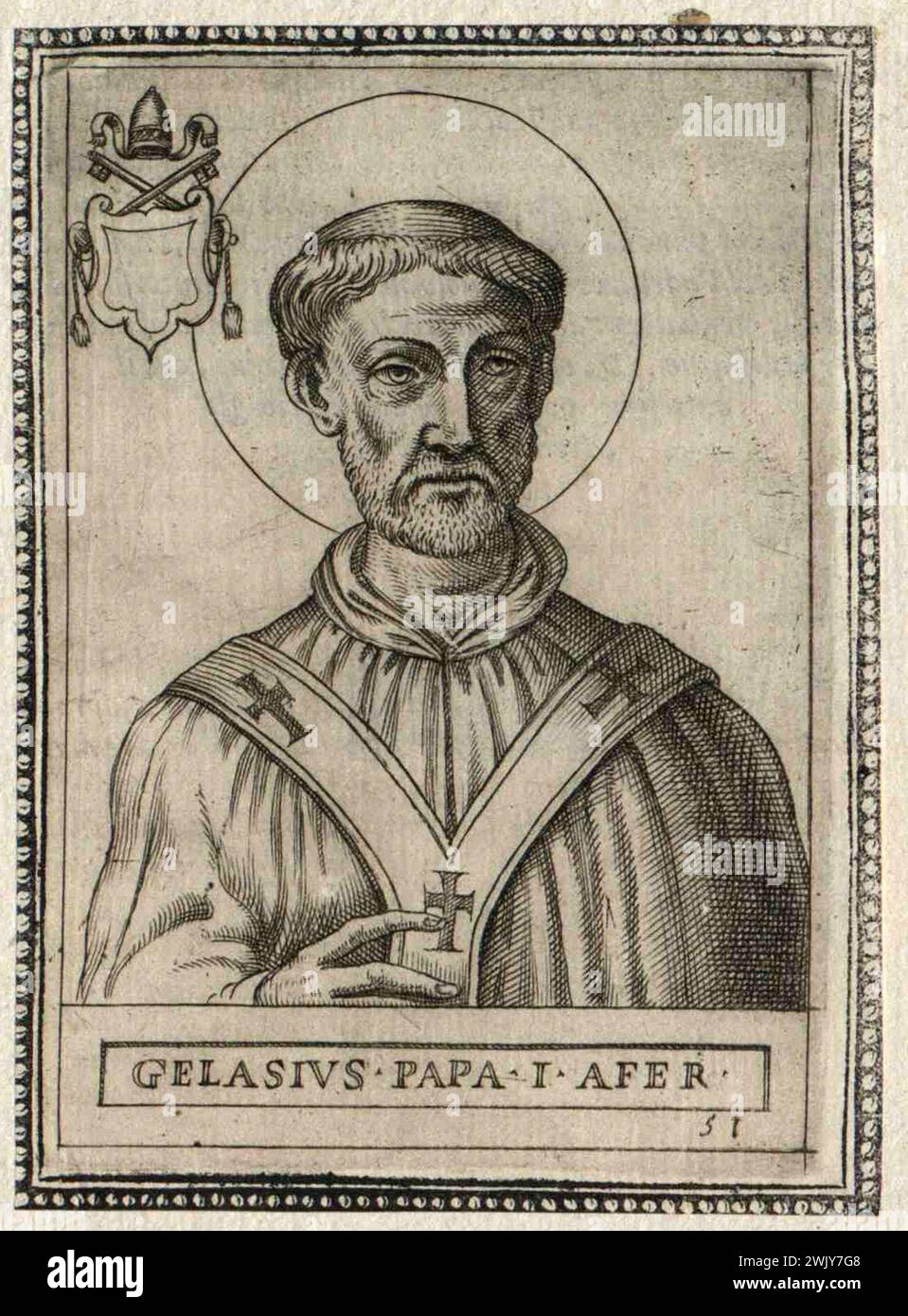 Ein Kupferstich von Papst Gelasius I. aus dem 15. Jahrhundert, der von 492 bis 496 Pontiff war. Er war der 49. Papst. Er war Berberabstammung und der letzte Papst, der vom afrikanischen Kontinent kam. Stockfoto