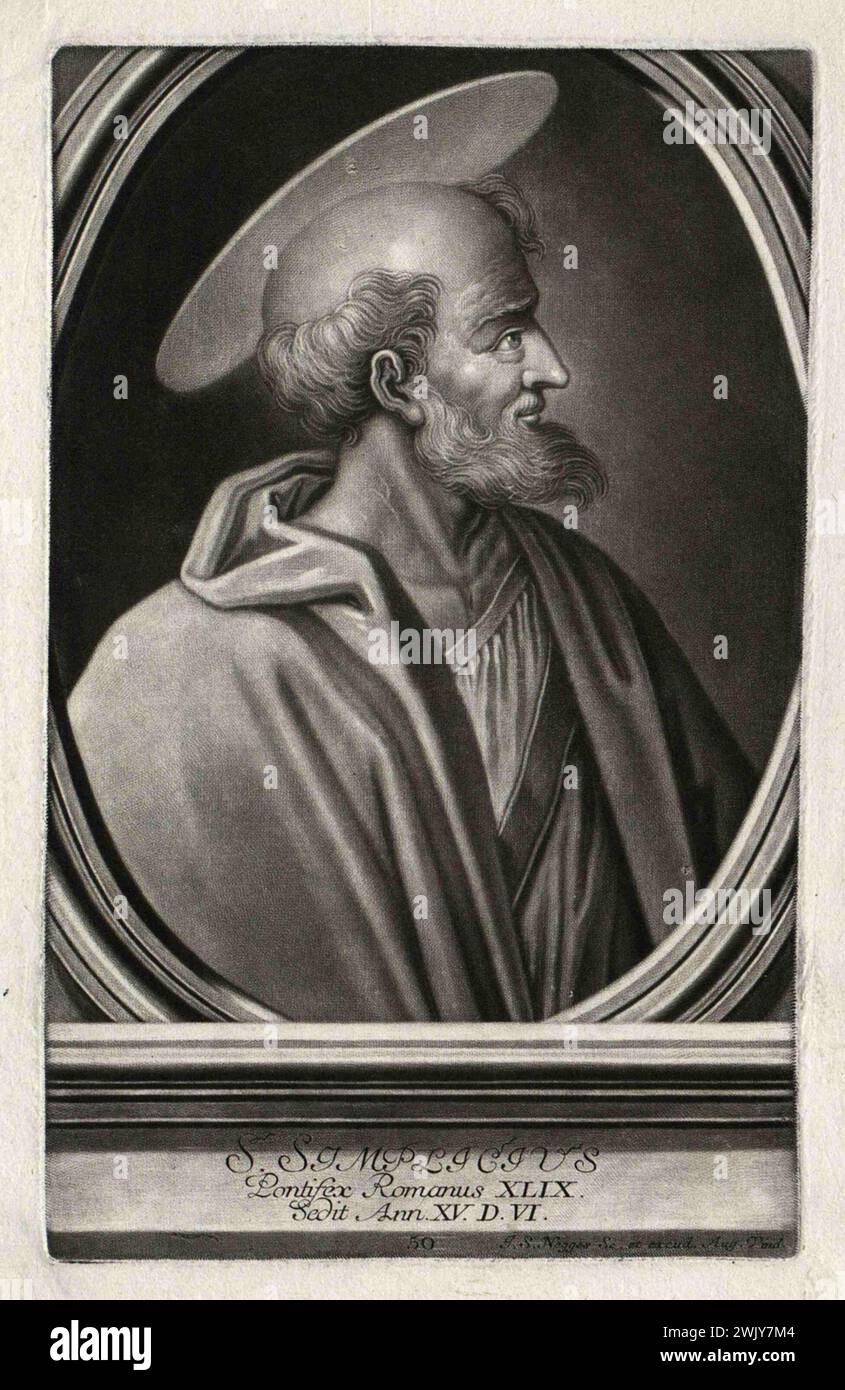 Ein Kupferstich des Papstes Simplicius aus dem 17. Jahrhundert, der von 468 bis 483 päpstlich war. Er war der 47. Papst. Stockfoto