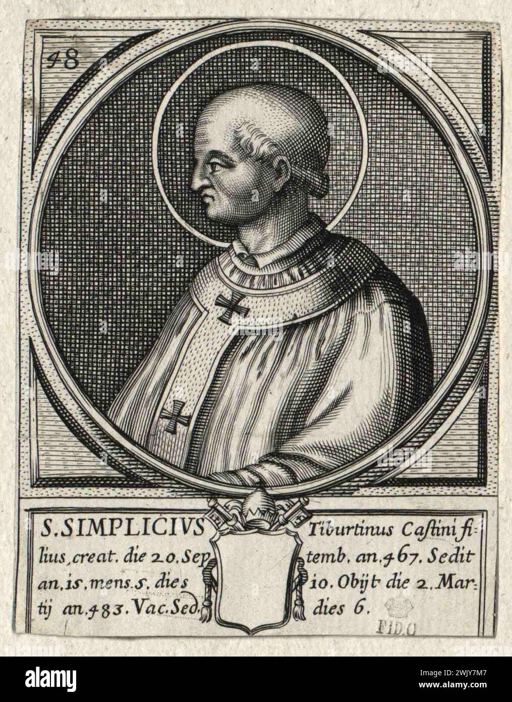 Ein Kupferstich des Papstes Simplicius aus dem 17. Jahrhundert, der von 468 bis 483 päpstlich war. Er war der 47. Papst. Stockfoto