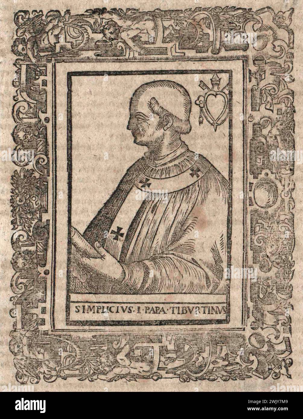 Ein Kupferstich des Papstes Simplicius aus dem 17. Jahrhundert, der von 468 bis 483 päpstlich war. Er war der 47. Papst. Stockfoto