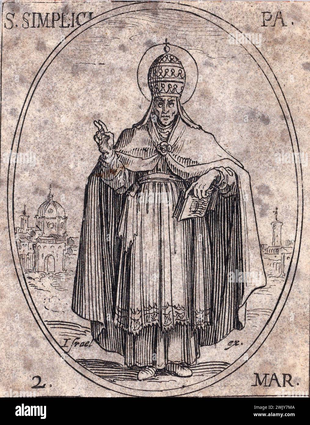 Ein Stich von Papst Simplicius aus dem Jahr 1636, der von 468 bis 483 päpstlich war. Er war der 47. Papst. Stockfoto