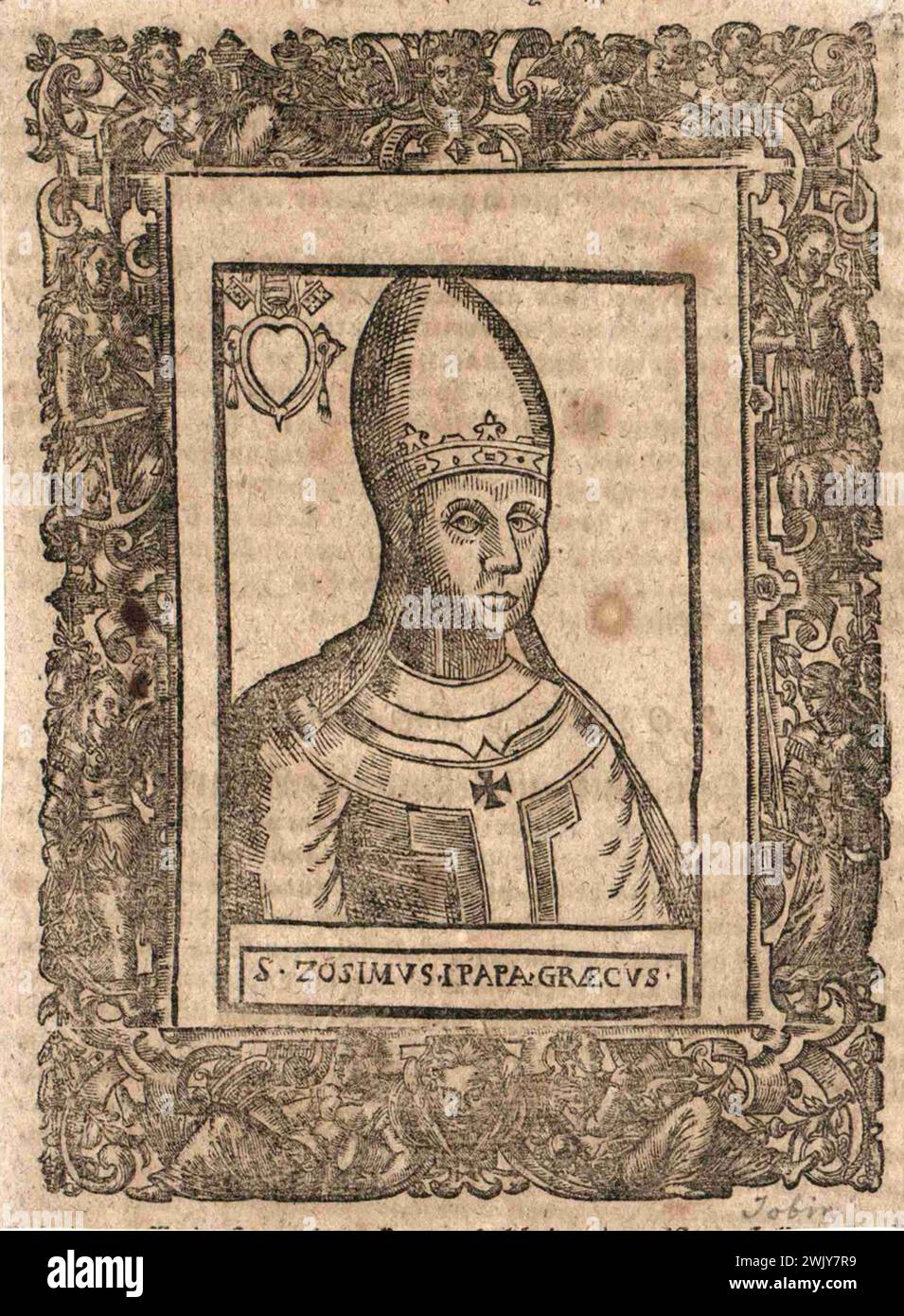 Ein Kupferstich von Papst Zosimus aus dem 15. Jahrhundert, der von 417 bis 418 Jahre alt war. Er war der 41. Papst. Stockfoto