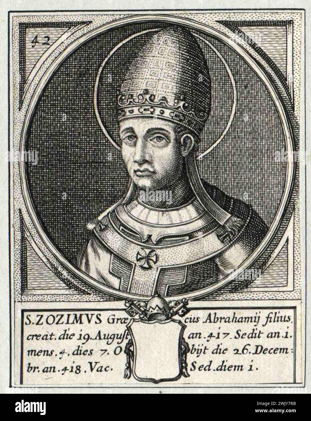 Ein Kupferstich von Papst Zosimus aus dem 16. Jahrhundert, der von 417 bis 418 Jahre alt war. Er war der 41. Papst. Stockfoto