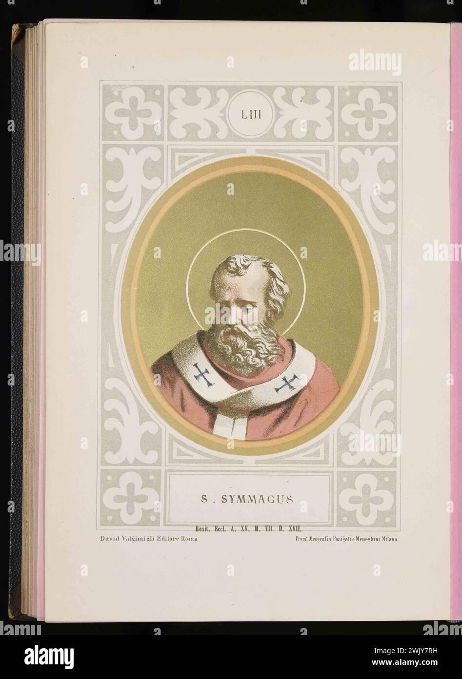 Ein Stich von Papst Symmachus aus dem Jahr 1879, der von 498 bis 514 Jahre alt war. Er war der 51. Papst. Stockfoto
