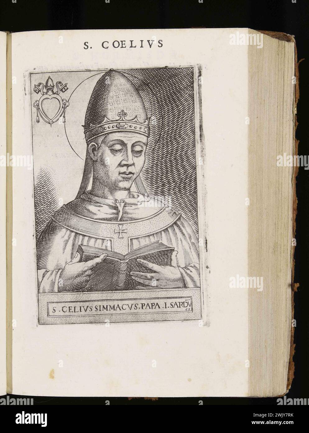 Ein Stich von Papst Symmachus aus dem Jahr 1580, der von 498 bis 514 Jahre alt war. Er war der 51. Papst. Stockfoto