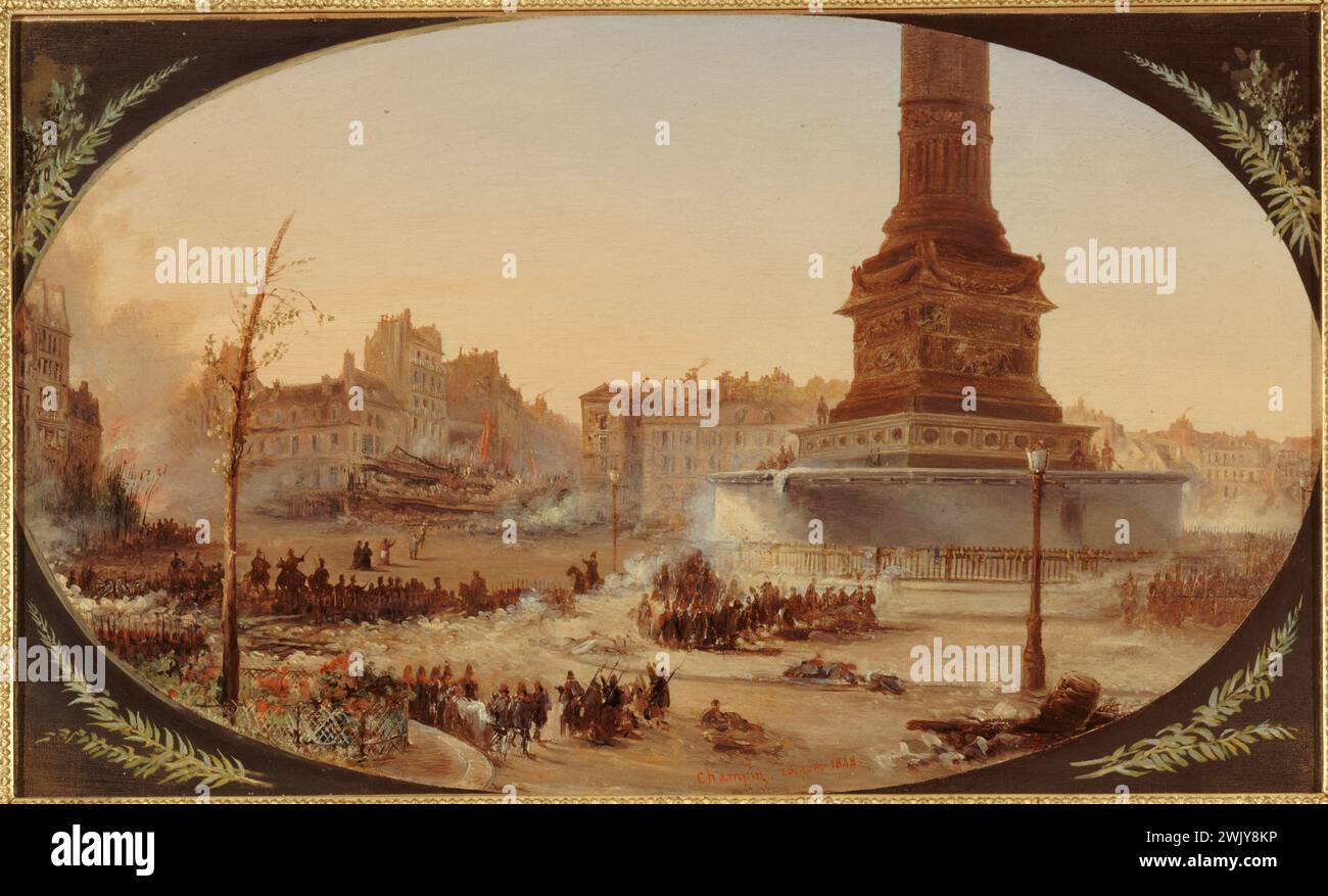 Jean-Jacques Champin (1796-1860) „Place de la Bastille und Barrikade des Eingangs zum Faubourg Saint-Antoine am 25. Juni 1848“. Paris, Carnavalet Museum. 24316-4 48, Barrikade, Burn, Juli-Säule, Eingang, faubourg Saint-Antoine, Rauch, Leinenöl, 4. IV. 4. 4. 4. Arrondissement, Medaillon, Place Bastille, Revolution 1848, Truppe Stockfoto