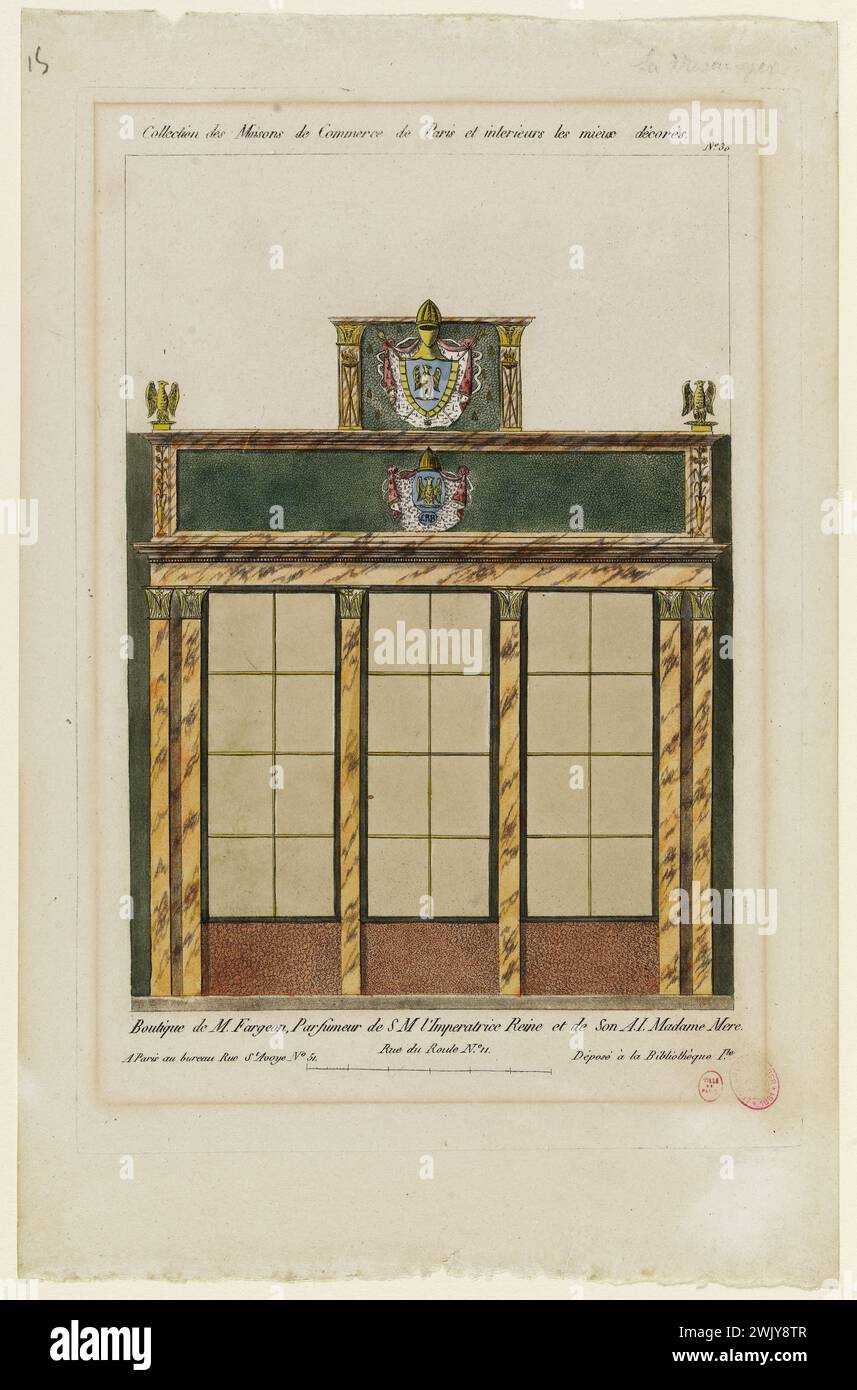 Pierre de la Mesangère (1661-1731). Boutique von M. Fargeon, Parfümeur von SM the Empress reine und ihrer A.I. Madame Mere. Farbiges Ätzen. Paris, Carnavalet Museum. Boutique, Handel, Zeichnung, Fassade, Geschäft, Mode, Parfümerie, Parfümeur Stockfoto