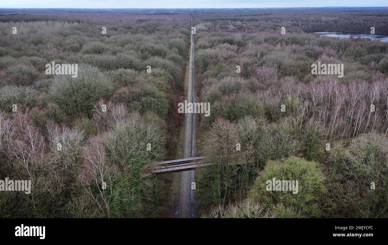 Frankreich. Februar 2024. © PHOTOPQR/VOIX DU NORD/PIERRE ROUANET; 14/02/2024; Wallers Arenberg, le 14/02/2024. Vol en drone au dessus de la Dreve des boules d'Herin, la Trouee d'Arenberg, secteur pave emblematique de la Course cycliste Paris Roubaix (cyclisme, UCI, l'enfer du Nord). Foret domaniale de Raismes Saint Amand Wallers. FOTO PIERRE ROUANET LA VOIX DU NORD - Drohnenflug über dem Dreve des boules d'Herin, dem Trouee d'Arenberg, dem emblematischen Kopfsteinpflastersektor des Pariser Roubaix-Radrennens 14. Februar 2024 Credit: MAXPPP/Alamy Live News Stockfoto