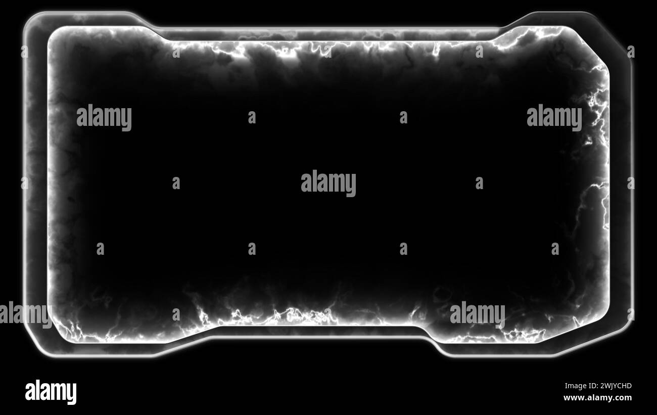 Neon-Gaming-Rahmeneffekt leuchtende quadratische Schleife, schwarzer Hintergrund. Stockfoto
