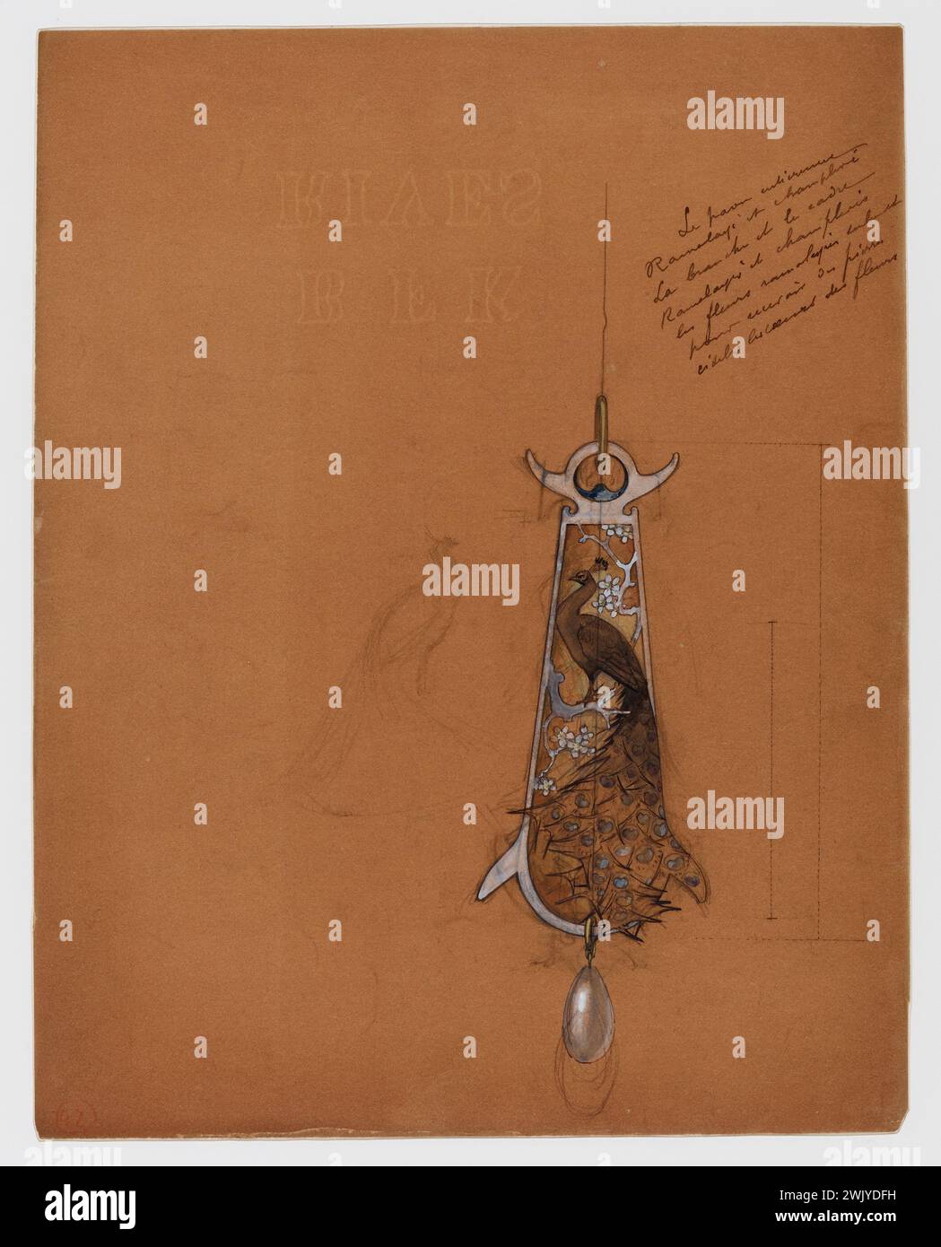 Lalique, René-Jules (Nr. 1860-04-06-D.1945-05-05), Pfauenanhänger auf einem Zweig des prunus (Haupttitel), 1900. Graphit, Tinte und Gouache auf transparentem Vellum. Petit Palais, Museum der Schönen Künste der Stadt Paris. Stockfoto