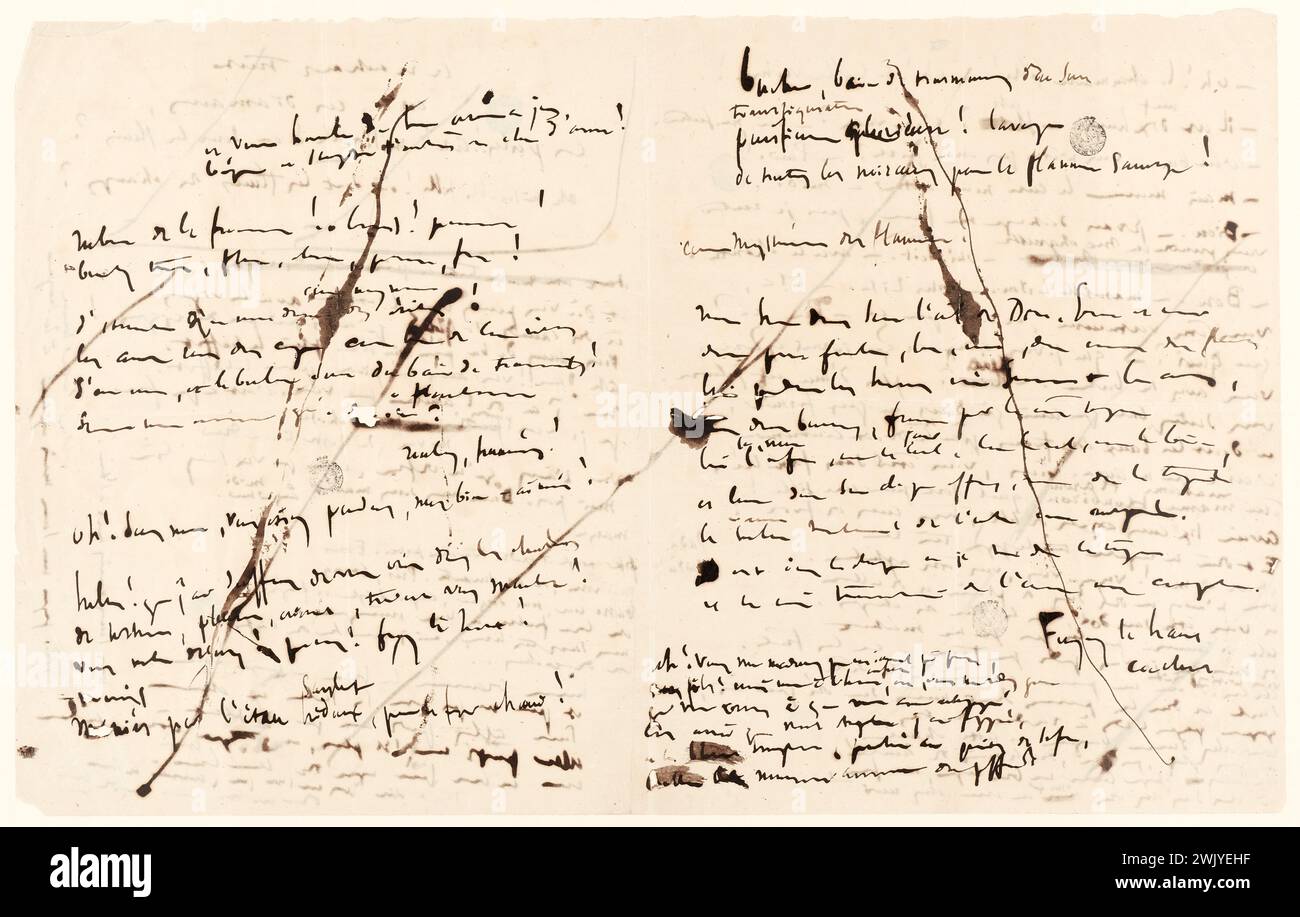 Hugo, Victor (N.1802-02-26-D.1885-05-22), Cotau für die beiden Funde von Gallus, ESC (Akt II, Szene 4, wir haben ... Alles, dieses Gold ...) (Dummy-Titel). Tinte auf Papier. Häuser von Victor Hugo Paris - Guernsey. Stockfoto