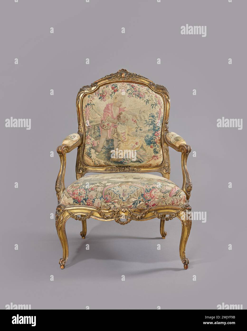 Anonym (n. - d.), Sessel der Königin: Die Sprache der Blumen und des Storchs und des Fuchses (Haupttitel). Goldenes Holz, Wandteppich von Beauvais. Petit Palais, Museum der Schönen Künste der Stadt Paris. Stockfoto