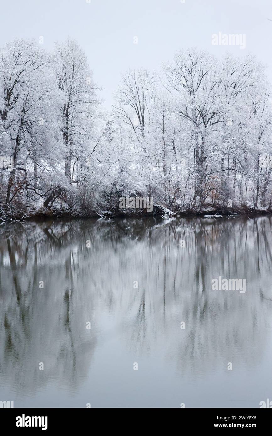 Baltimore, USA. Februar 2024. 17. Februar 2024: Lake Roland, Baltimore County, Maryland, USA. Ein Schneefall Mitte Februar bietet malerische Ausblicke und Tierwelt auf den See im Schnee. (Foto: Robyn Stevens Brody/SIPA USA) Credit: SIPA US/Alamy Live News Stockfoto