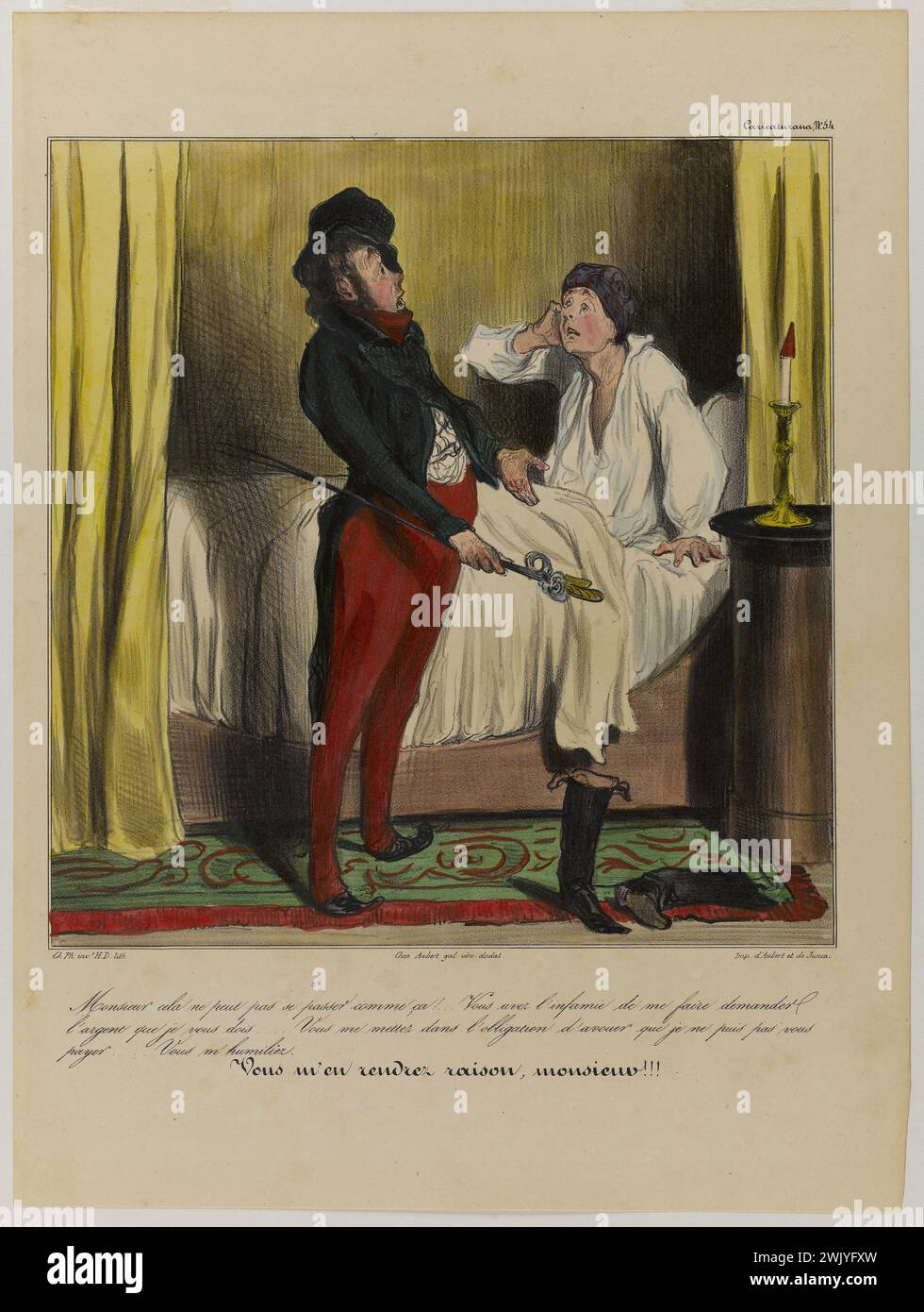 Honoré Daumier (1808-1879). 'Sir kann so nicht passieren! ... Du hast die Schande, mich dazu zu bringen, das Geld zu verlangen, das ich dir ... schulde. Farbige und gelöschte Lithographie. 1836-1838. Paris, Balzac Haus. 56112-14 Colorie, diskutieren, Gommee, Mann, Lithographie, krank Stockfoto