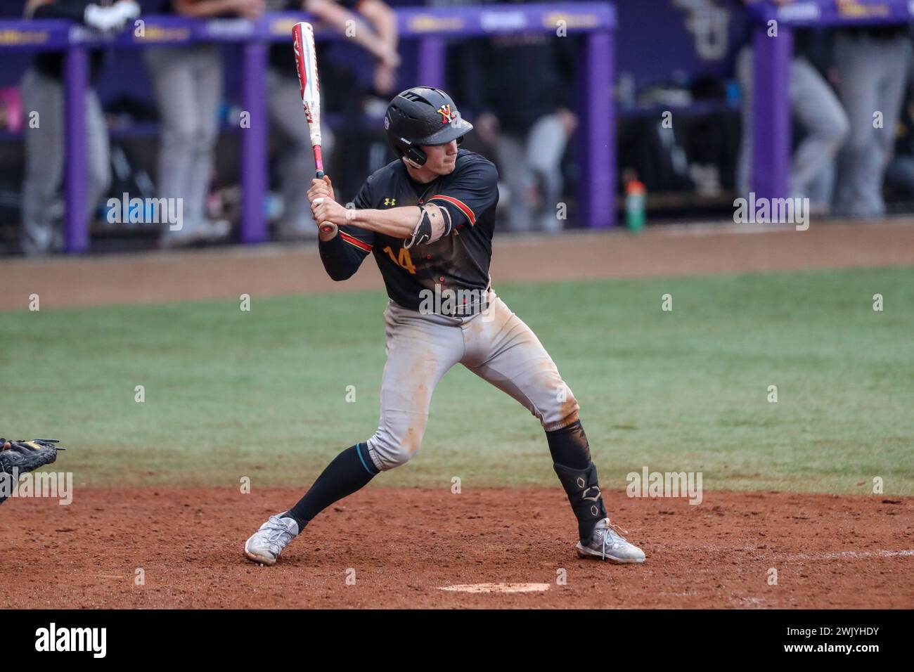 Baton Rouge, LA, USA. Februar 2024. Ty Swaim (14) sucht im Alex Box Stadium, Skip Bertman Field in Baton Rouge, LA, nach einem Hit im NCAA Baseball-Action zwischen den VMI Keydets und den LSU Tigers. Jonathan Mailhes/CSM/Alamy Live News Stockfoto