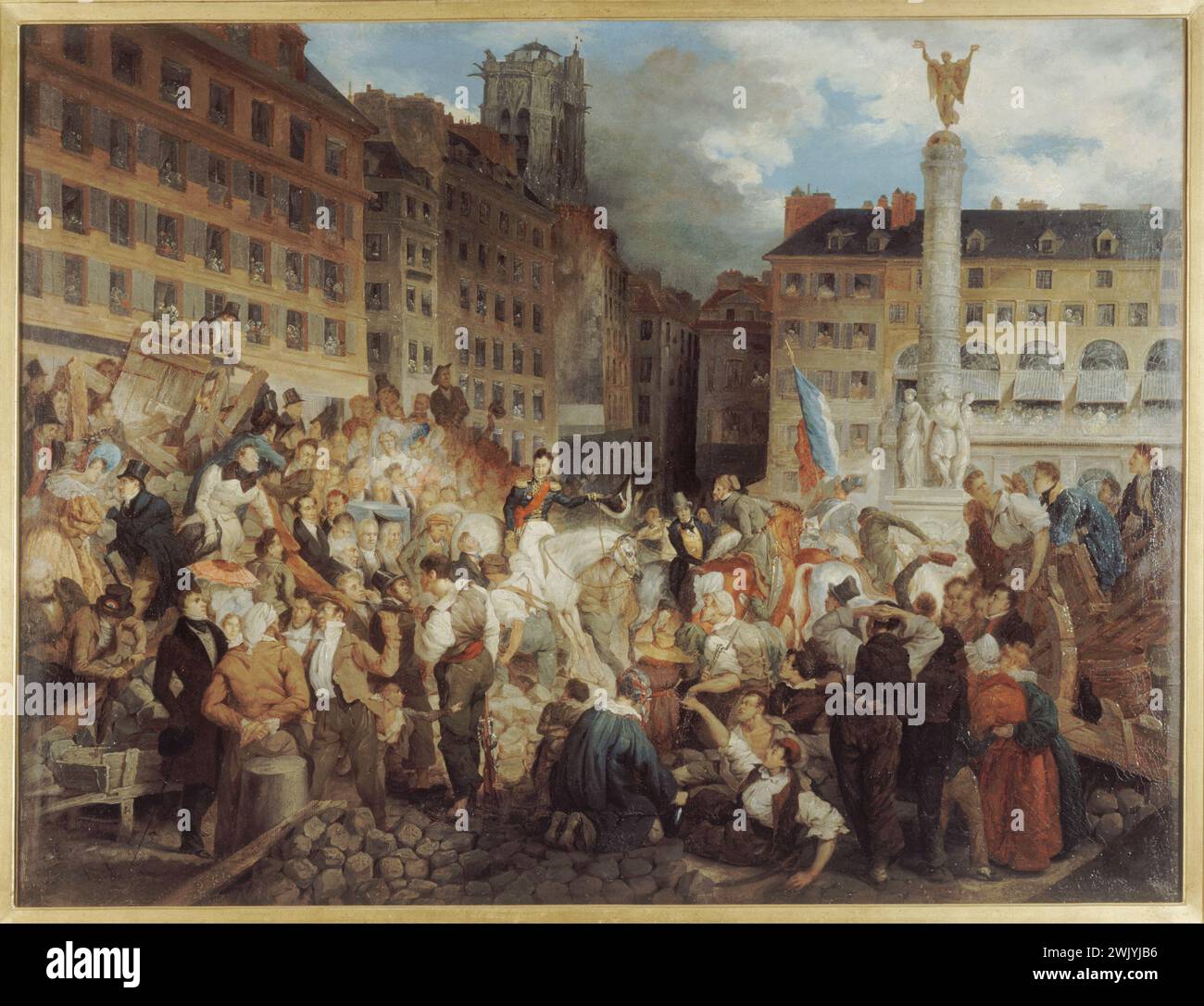 Prosper Lafaye (1806-1883). Der Herzog von Orleans (der spätere König Louis-Philippe I. geht zum Rathaus, kreuzt den Place du Châtelet, 31. Juli 1830). Öl auf Leinwand. Paris, Carnavalet Museum. 24307-2 Adnement, Barrikade, Reiter, Zivilist, Säule, Pferd, Herzog orleans, Brunnen, Pflaster, Leute, Place du chatelet, Revolution Juli 1830, revolutionär, Kreuz, Öl auf Leinwand Stockfoto