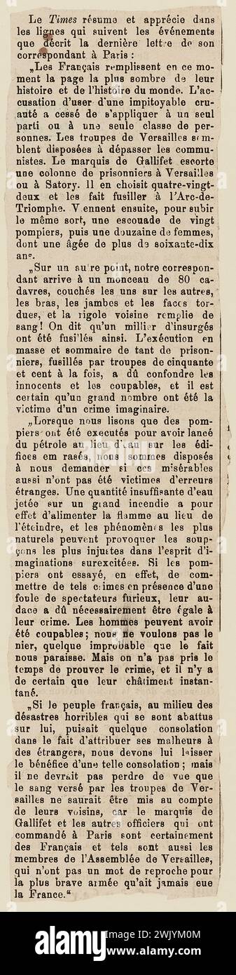 Anonym, Press cut LE Times fasst und schätzt in den folgenden Zeilen ... (Dummy-Titel), 1871, gedrucktes Papier. Häuser von Victor Hugo Paris - Guernsey. Stockfoto