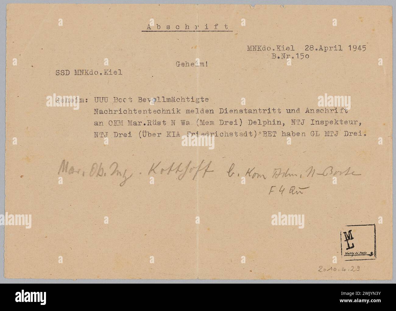 Geheimer Hinweis (Benutzername), 28.04.1945. Museum der Befreiung von Paris - General Leclerc Museum - Jean Moulin Museum. Stockfoto