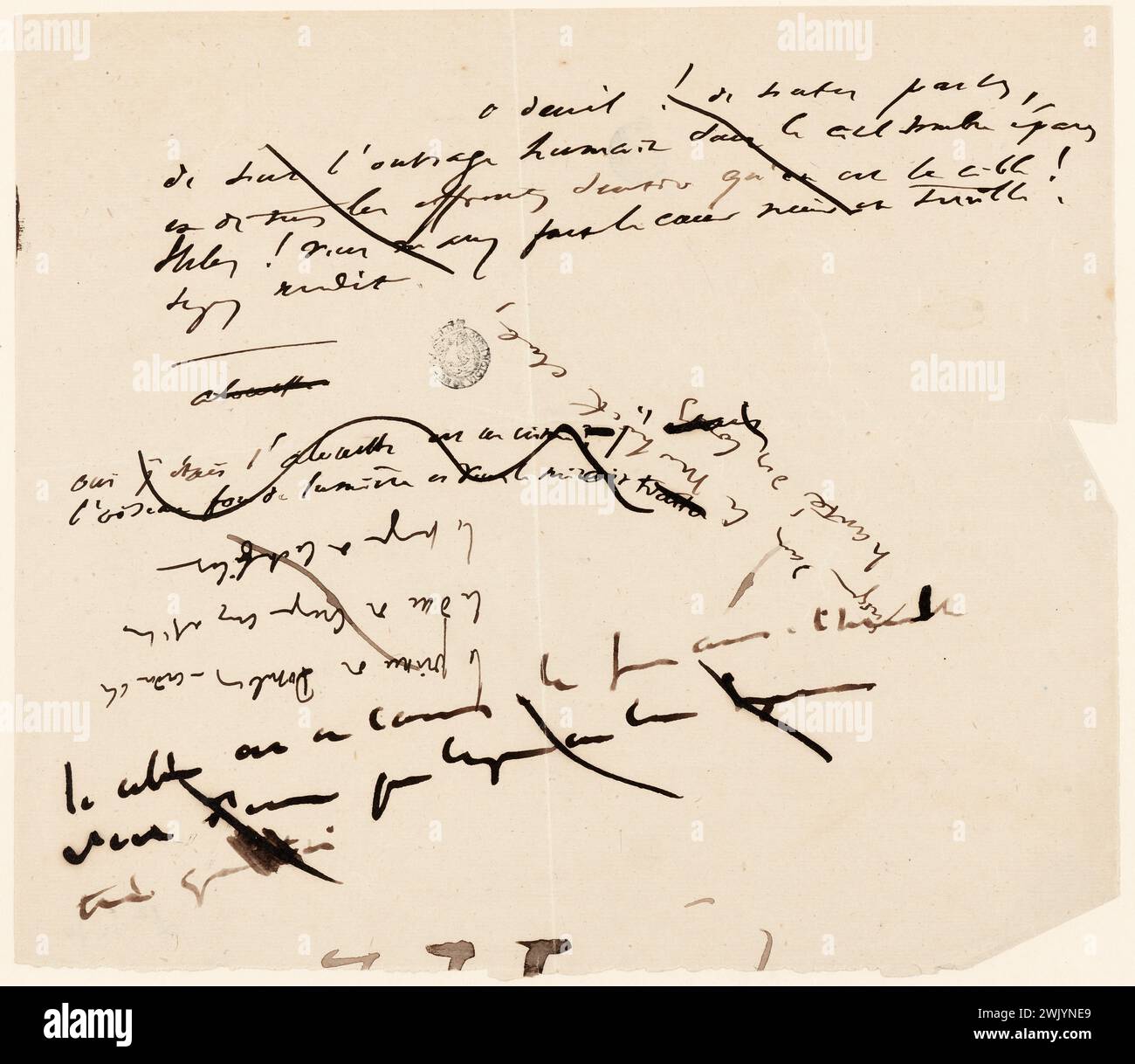 Hugo, Victor (Nr. 1802-02-26-D.1885-05-22), Copeau für die zwei Funde von Gallus, ESC (Akt II, Szene 4, ô trauert! ). Tinte auf Papier. Häuser von Victor Hugo Paris - Guernsey. Stockfoto