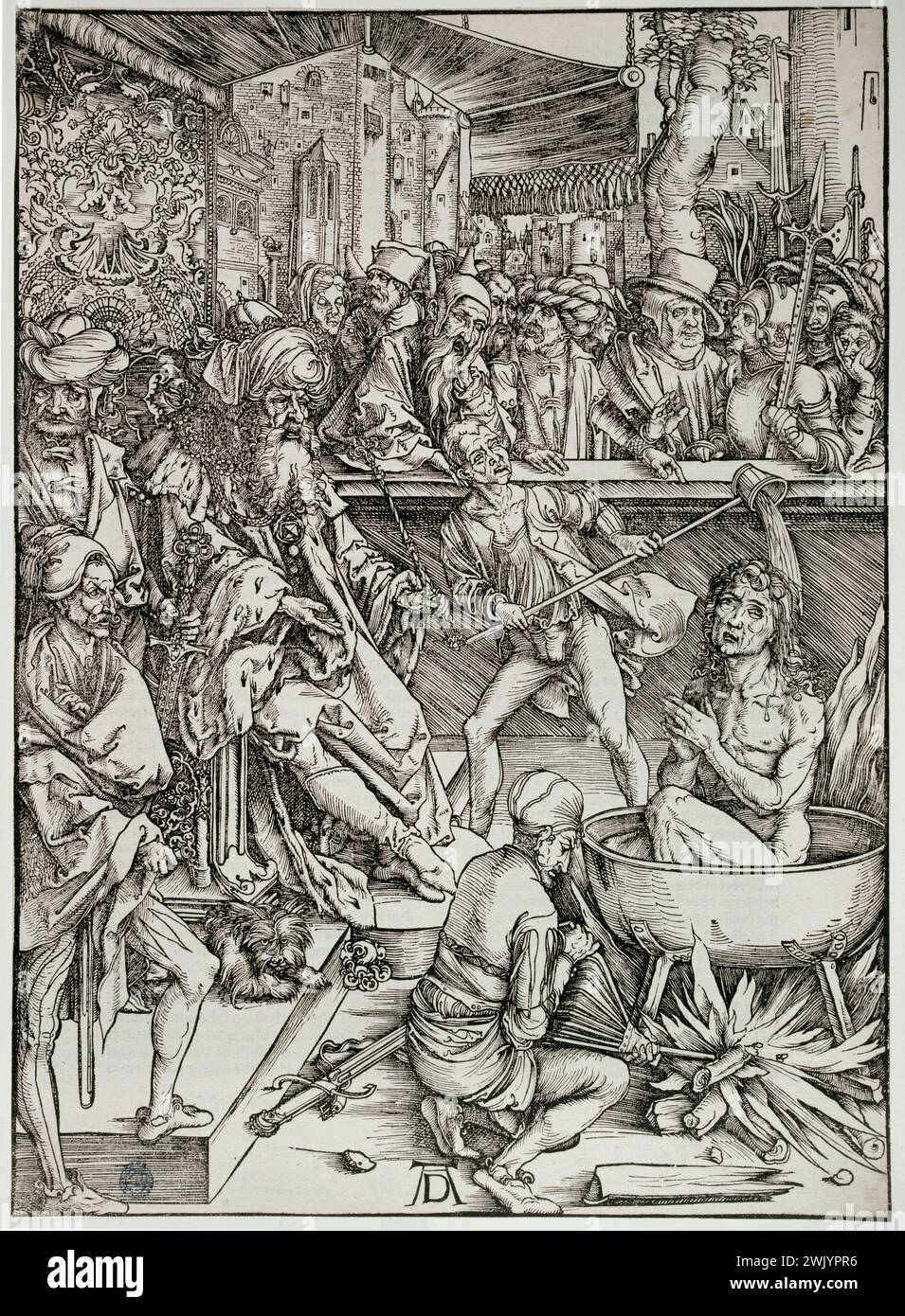 Albrecht Dürer (1471-1528). Die Apokalypse (Deutsche Ausgabe): Das Martyrium des heiligen Johannes des Evangelisten (Bartsch 61). 1498. Museum der Schönen Künste der Stadt Paris, Petit Palais. 77217-3 Apokalypse, katholische Kunst, chretische Kunst, religiöse Kunst, Christentum, Johannes-Evangelium, Heilige Geschichte, christliche Ikonographie, religiöse Ikonographie, Neues Testament, biblischer Charakter, Heiliger Charakter, biblische Prophetie, biblische Rue, chretische Religion, Offenbarung, Renaissance, heiliger, heiliger, heiliger, saint, saint Stich Stockfoto