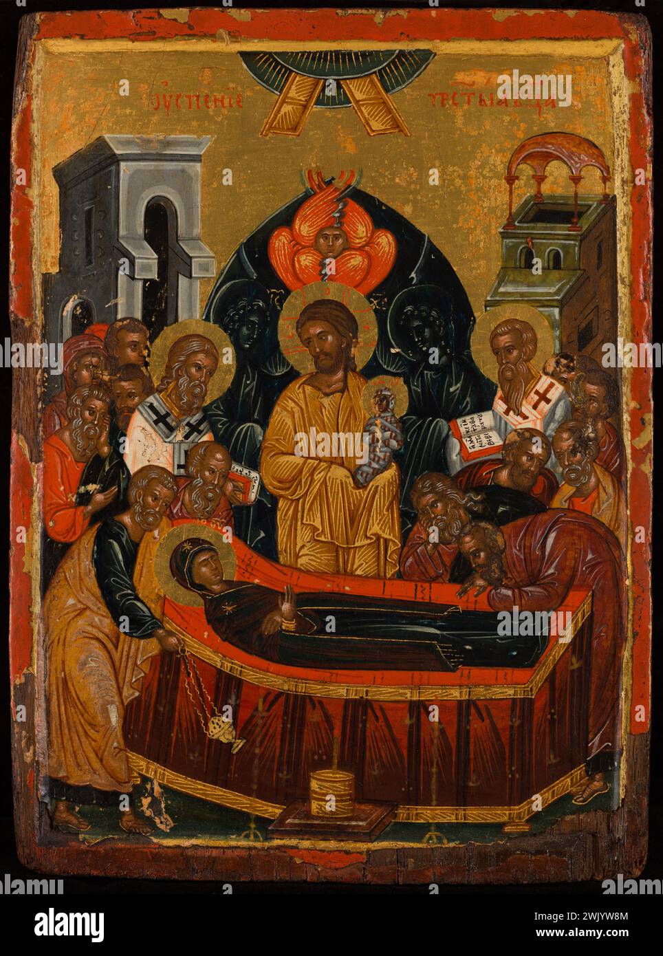 Kretoisschule. "Der Dormition der Jungfrau". Tempera und Gold auf Holz. Museum der Schönen Künste der Stadt Paris, Petit Palais. 112280-2 AME, chretische Kunst, Christentum, Dormition, Schmerz, Religionsgeschichte, christliche Ikonographie, religiöse Ikonographie, Ikonographie, Mutter, Tod, chretische Religion, orthodoxe Religion, Seraphin Stockfoto